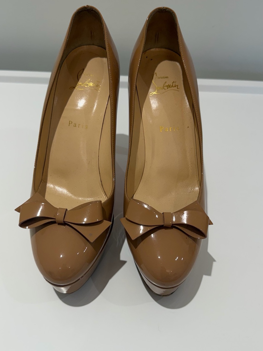 Christian Louboutin Brown Patent Leather Bow Platform Pumps